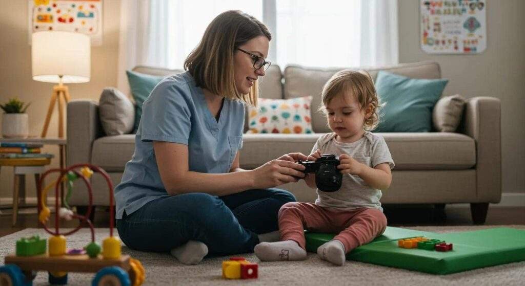 a focused, brightly-lit living room setting showcases a registered rbt engaging a young child in an interactive aba therapy session, surrounded by educational toys and visual aids that emphasize learning and skill development.