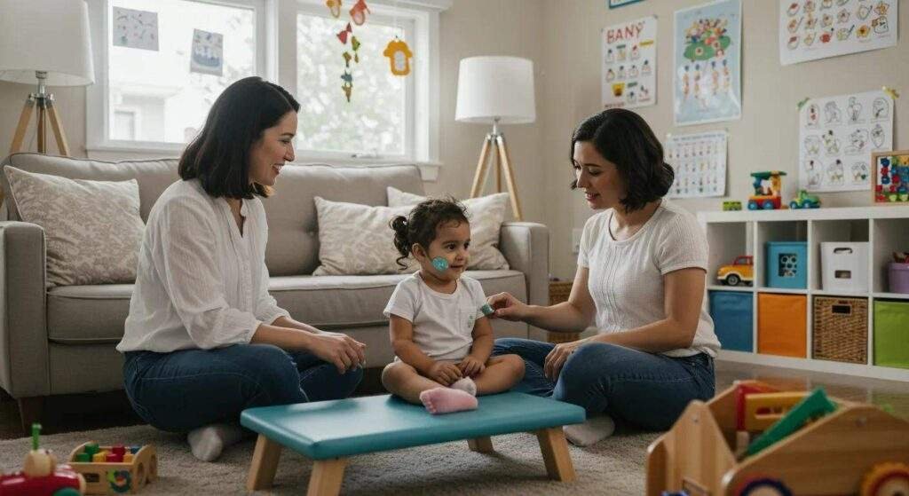 a brightly-lit living room showcases an experienced therapist engaging a child in interactive aba therapy, surrounded by colorful educational toys and visual aids, emphasizing a supportive environment for developmental growth.