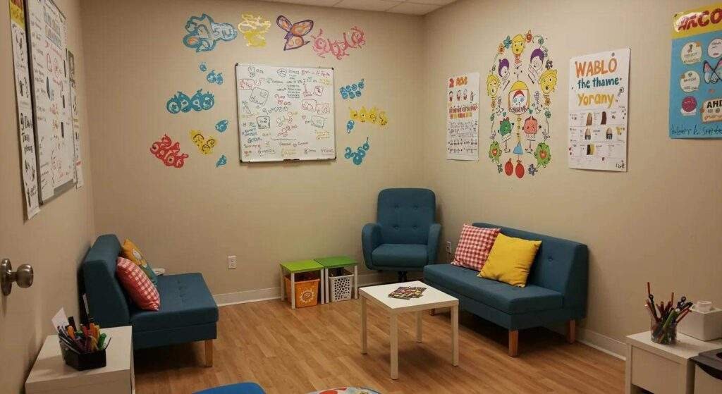 a warm, inviting therapy room in toronto, featuring colourful educational materials, a comfortable seating area, and a wall adorned with motivational artwork, creating a supportive environment for aba therapy sessions.