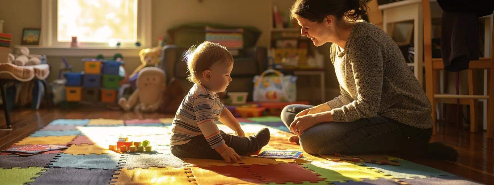 a focused and bright in-home setting showcases a registered behavior technician engaging a young child in a structured aba therapy session, with educational materials spread across a colorful play mat, highlighting the importance of individualized skill development. a focused and bright in-home setting showcases a registered behavior technician engaging a young child in a structured aba therapy session, with educational materials spread across a colorful play mat, highlighting the importance of individualized skill development.