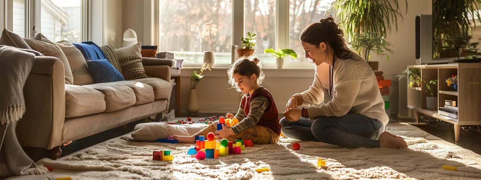 a warm and inviting toronto living room is filled with structured activity, as a parent enthusiastically engages with a child using colourful educational toys to reinforce aba therapy techniques, highlighting the importance of supportive home environments for learning. a warm and inviting toronto living room is filled with structured activity, as a parent enthusiastically engages with a child using colourful educational toys to reinforce aba therapy techniques, highlighting the importance of supportive home environments for learning.