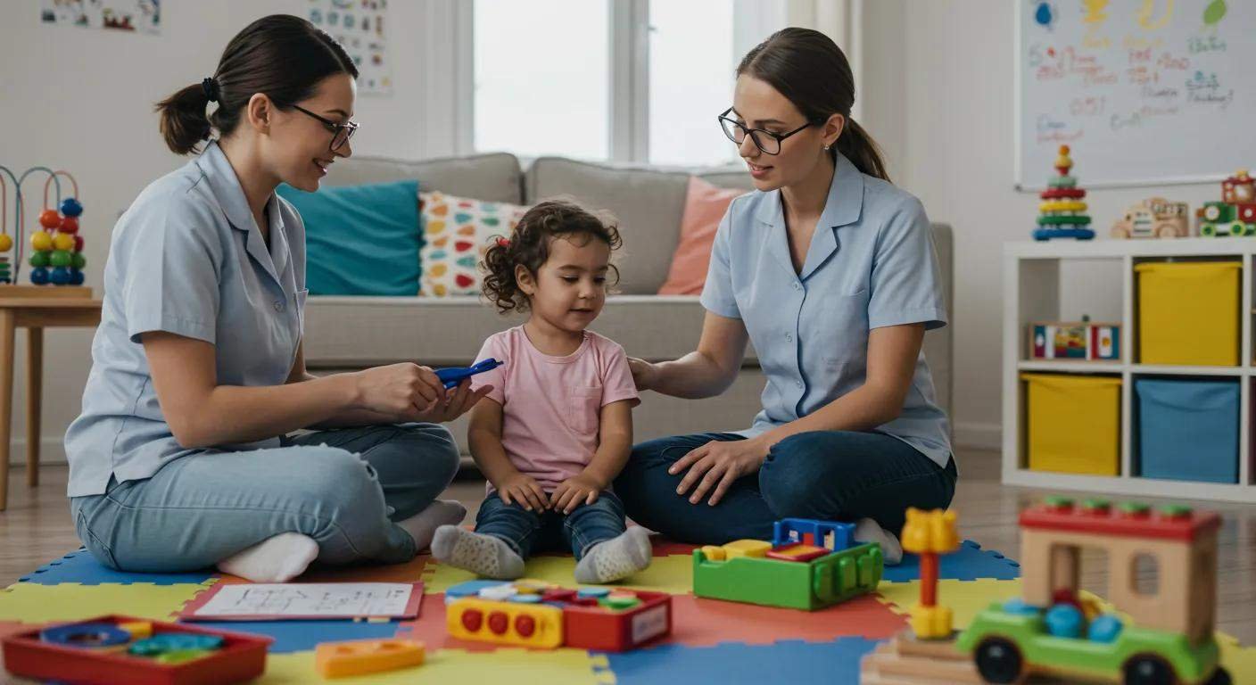 a focused and vibrant living room scene depicts a skilled therapist engaging a child in an interactive aba therapy session, with colorful educational materials and toys thoughtfully arranged to enhance learning. a focused and vibrant living room scene depicts a skilled therapist engaging a child in an interactive aba therapy session, with colorful educational materials and toys thoughtfully arranged to enhance learning.