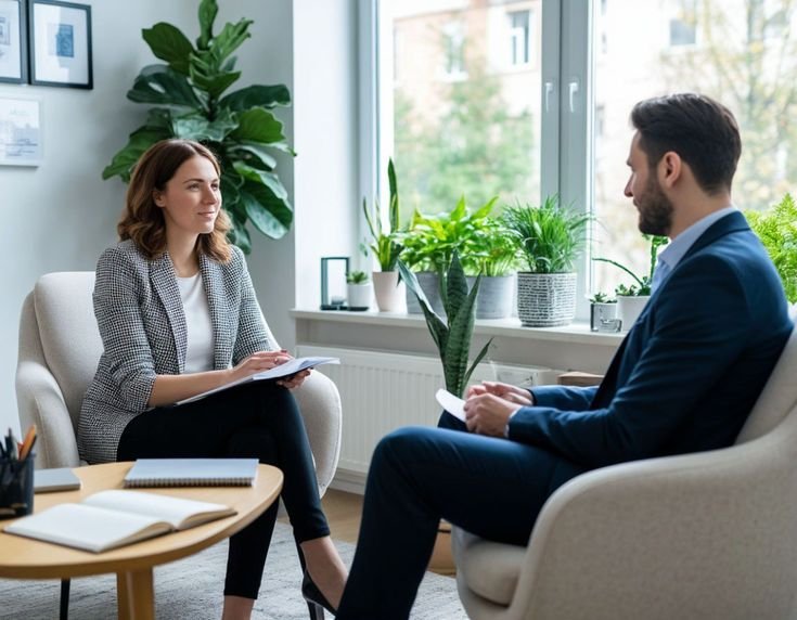 Adult speaking with a psychologist during an autism assessment consultation in Ontario