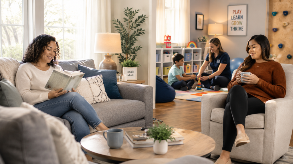 Parents enjoying relief from Toronto autism respite care services while their autistic child engages with a trained caregiver in a sensory-friendly environment