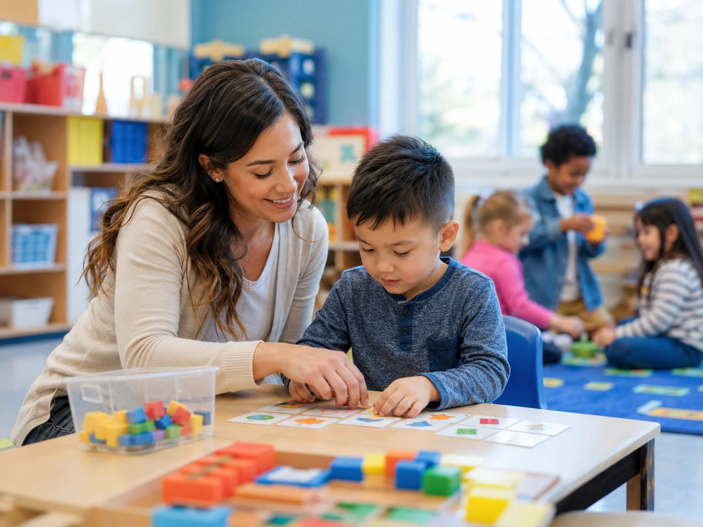 ABA therapist supporting a child during a group activity in a daycare classroom