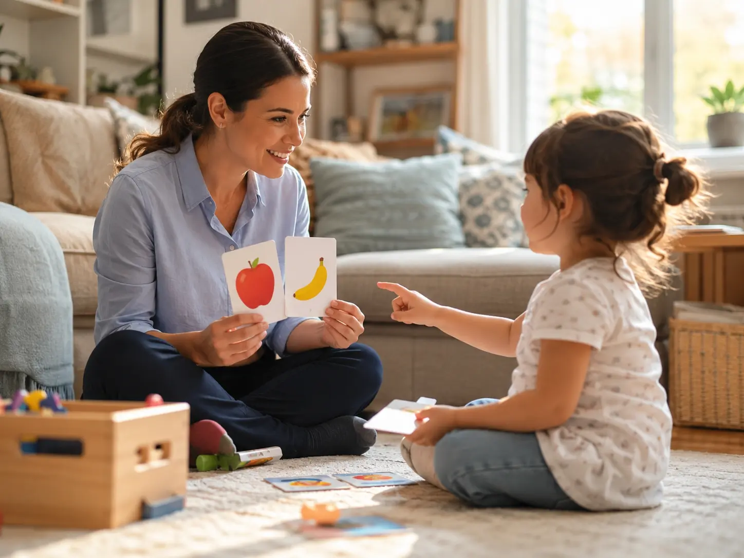 Certified ABA therapist working one-on-one with a child during an in-home therapy session in Brampton