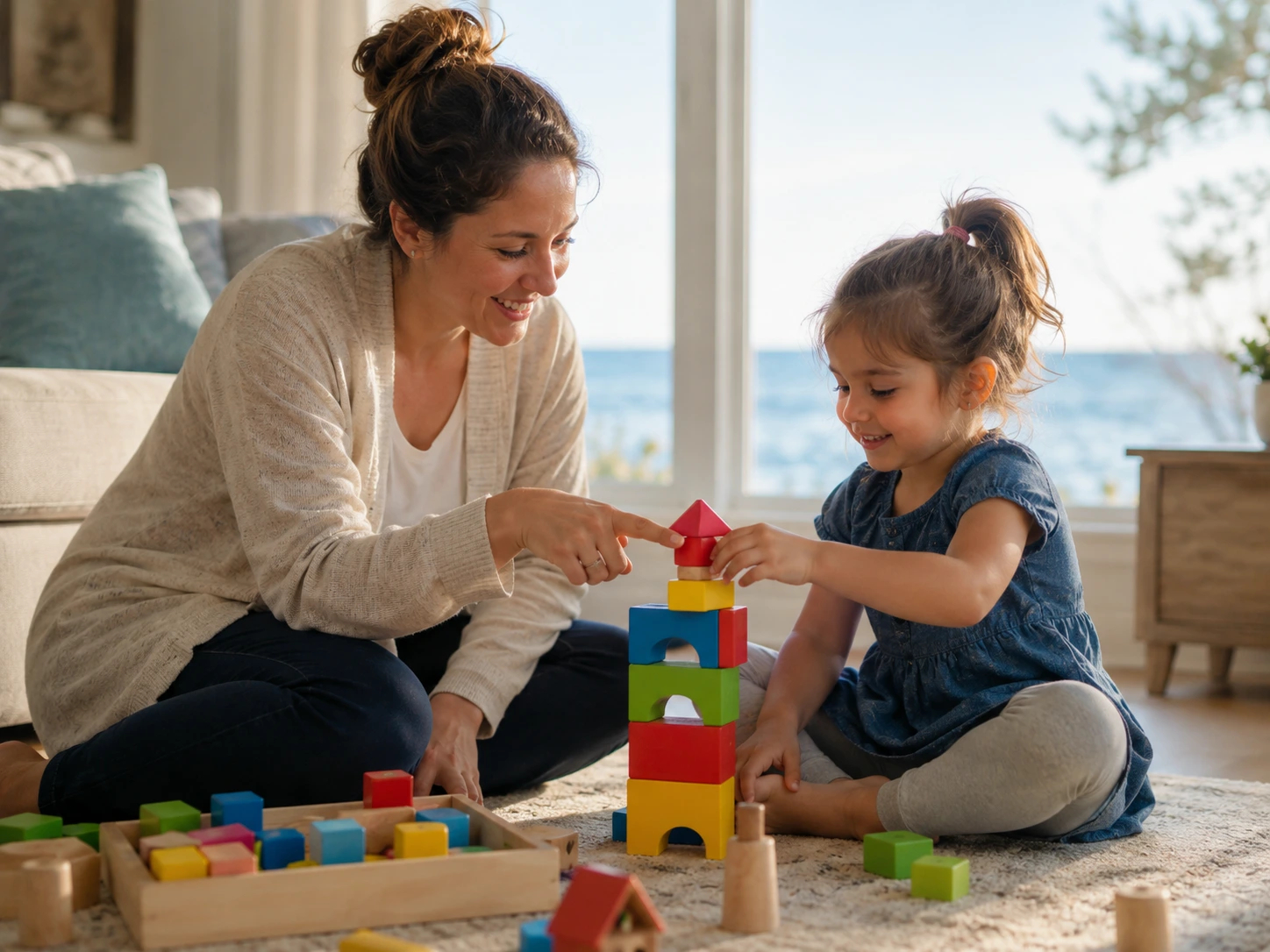 Certified ABA therapist working one-on-one with a child during an in-home therapy session in Burlington