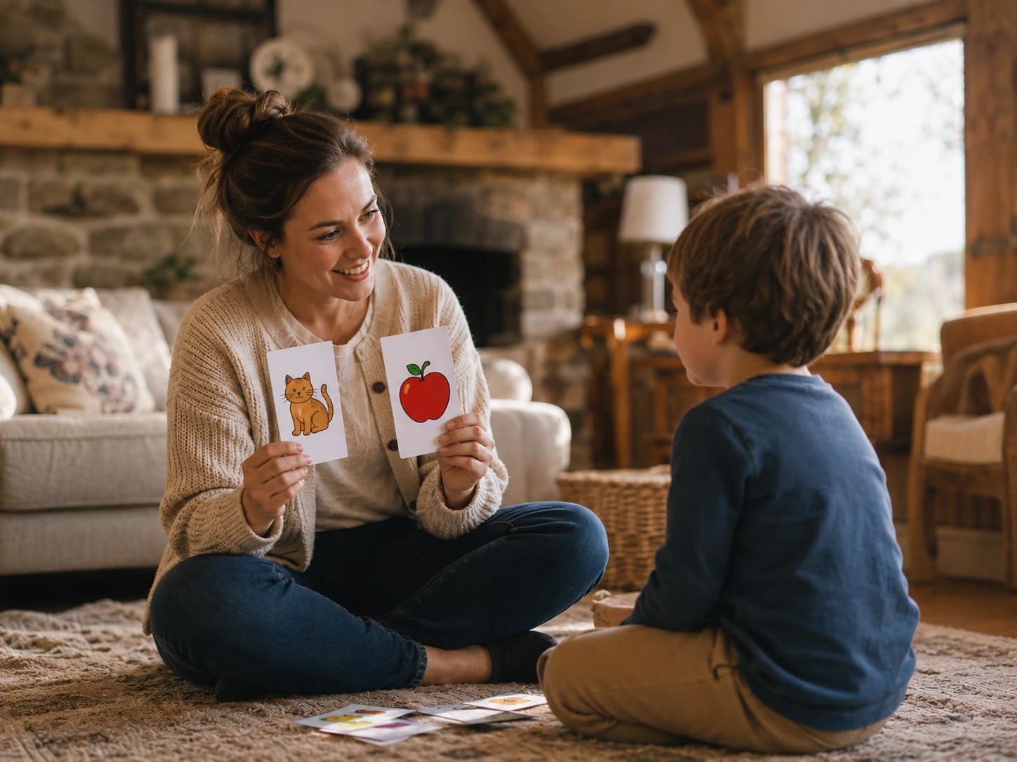 Certified ABA therapist working one-on-one with a child during an in-home therapy session in Caledon