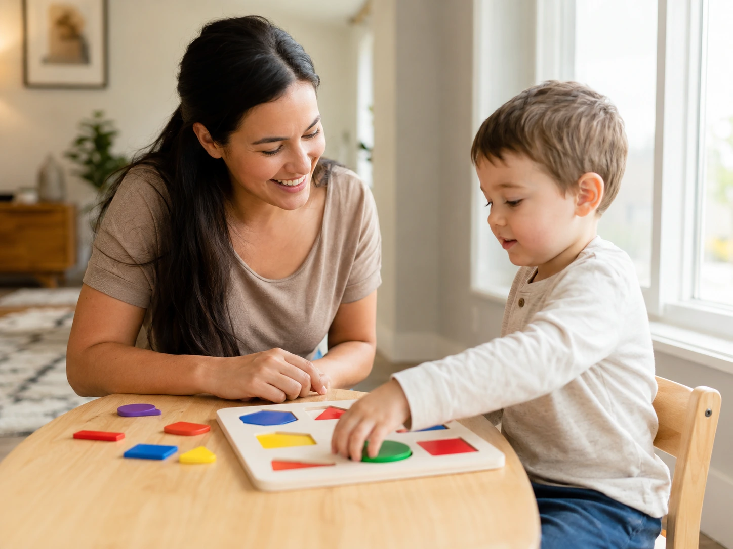 Certified ABA therapist working one-on-one with a child during an in-home therapy session in Calgary