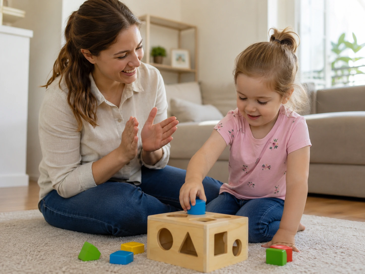 Certified ABA therapist working one-on-one with a child during an in-home therapy session in Cambridge