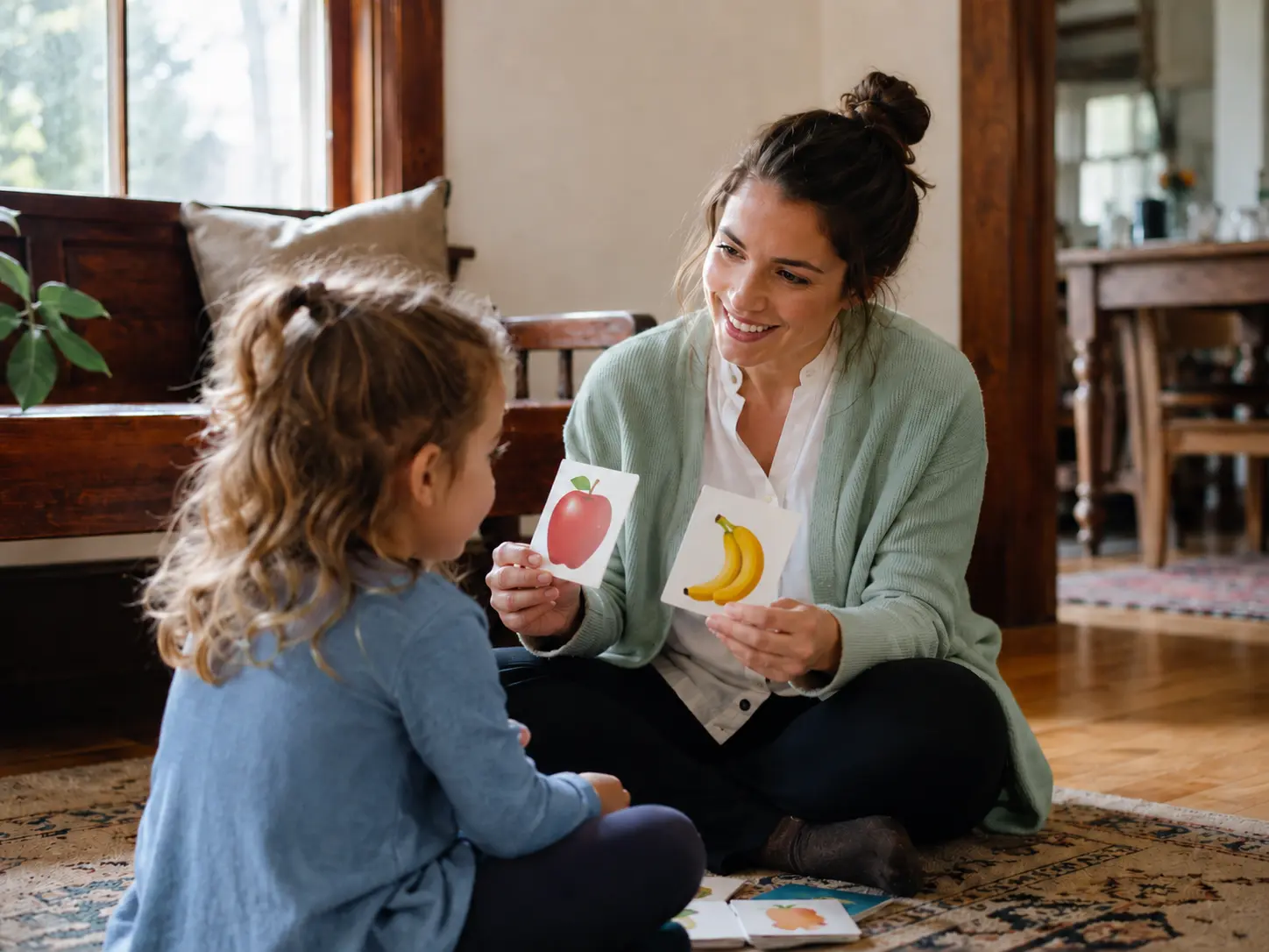 Certified ABA therapist working one-on-one with a child during an in-home therapy session in Hamilton