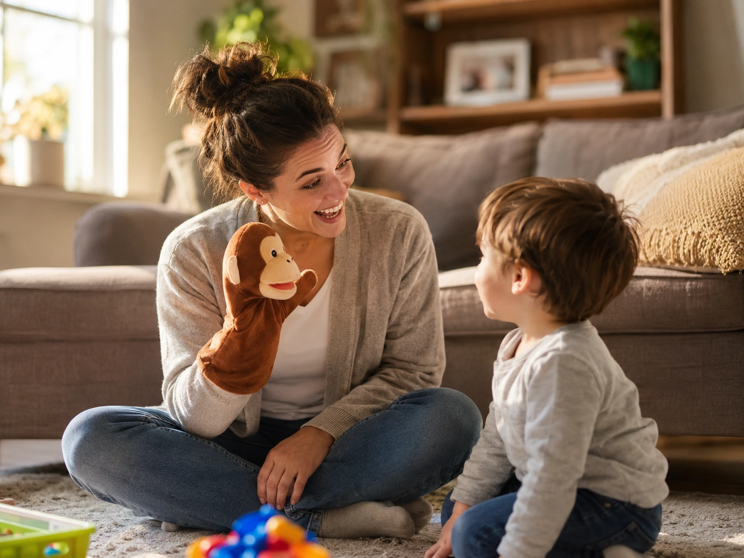 Certified ABA therapist working one-on-one with a child during an in-home therapy session in London, Ontario