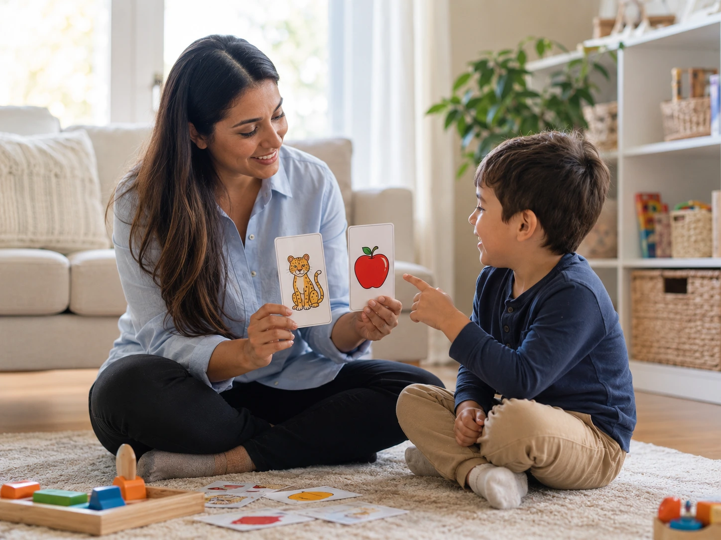 Certified ABA therapist working one-on-one with a child during an in-home therapy session in Markham
