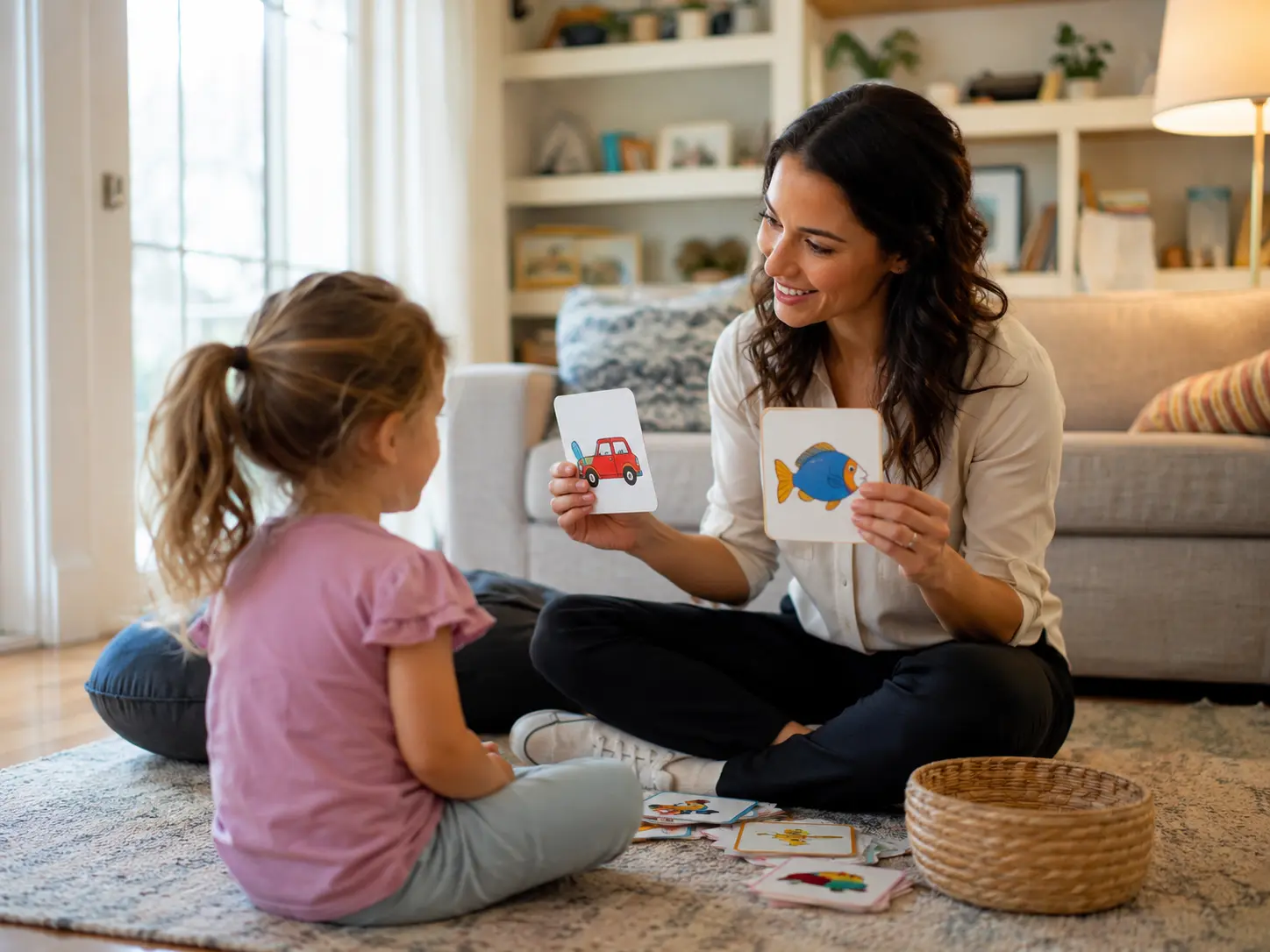 Certified ABA therapist working one-on-one with a child during an in-home therapy session in Milton