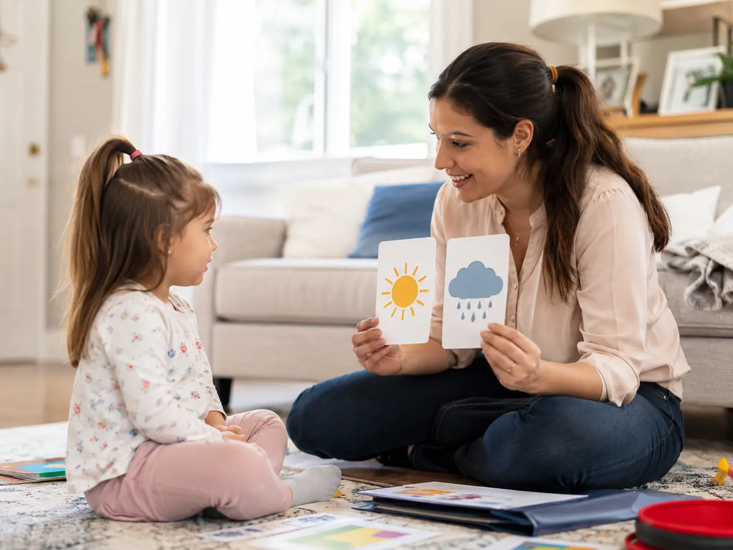 Certified ABA therapist working one-on-one with a child during an in-home therapy session in Mississauga