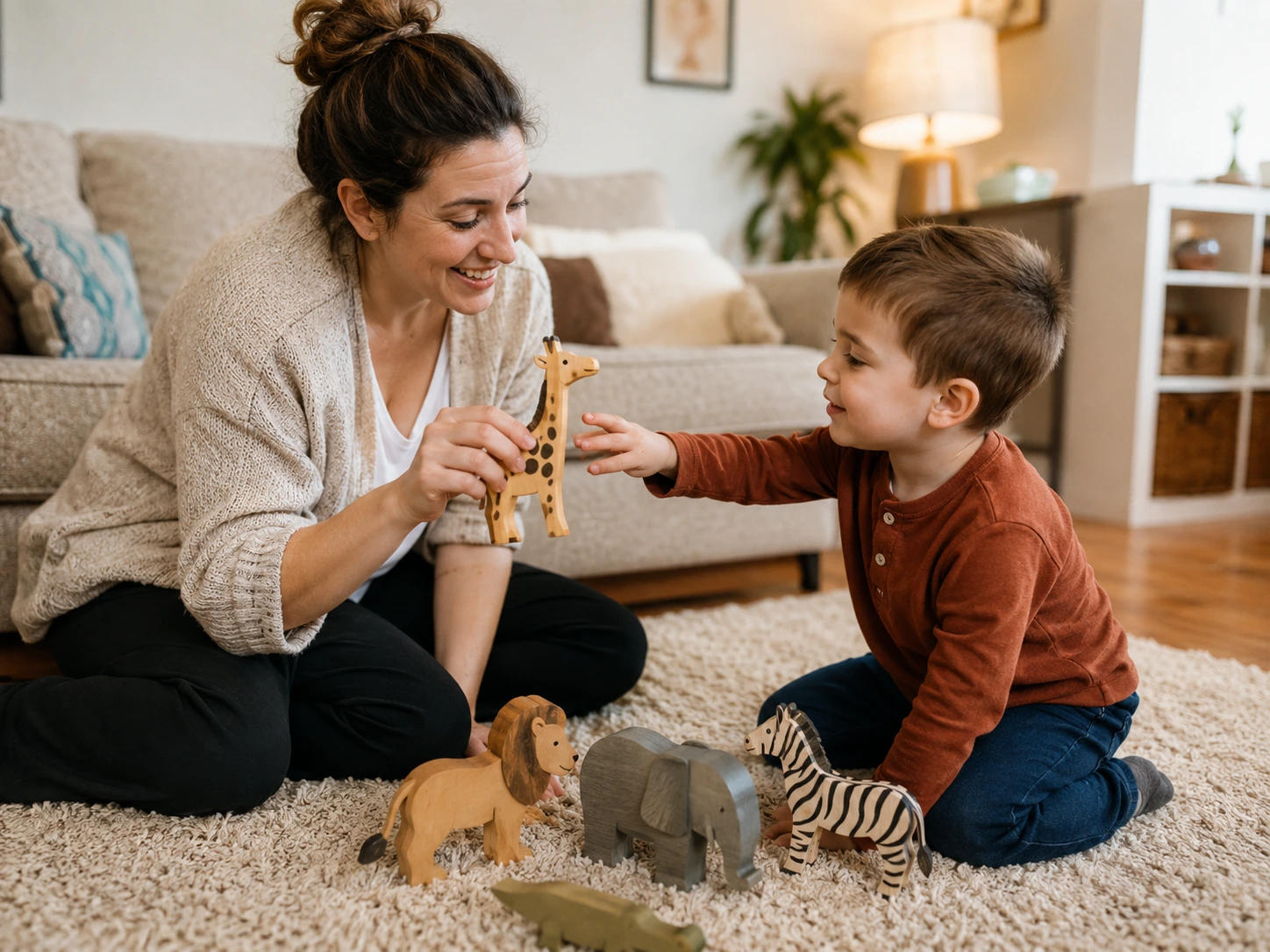 Certified ABA therapist working one-on-one with a child during an in-home therapy session in Newmarket