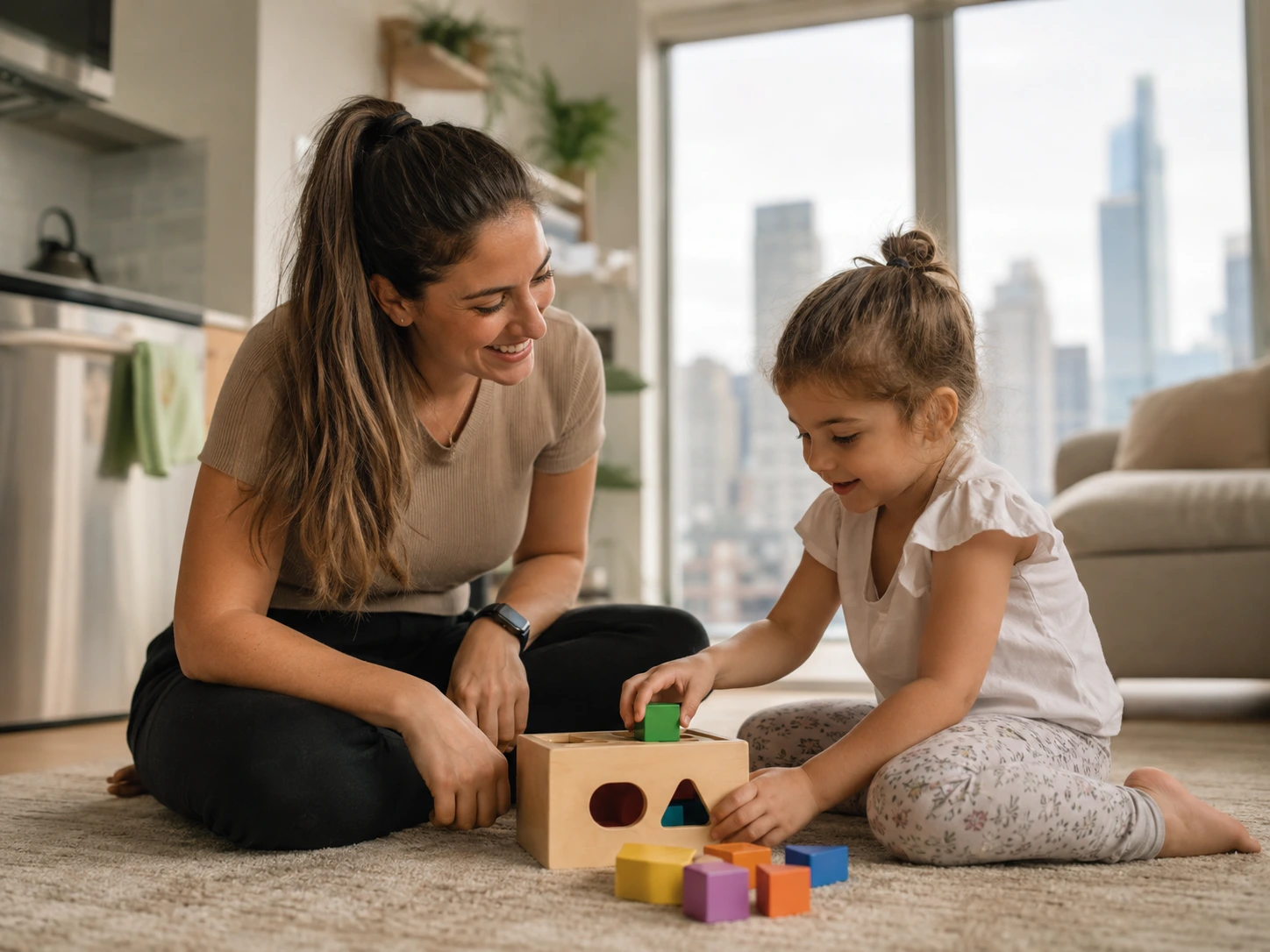 Certified ABA therapist working one-on-one with a child during an in-home therapy session in North York