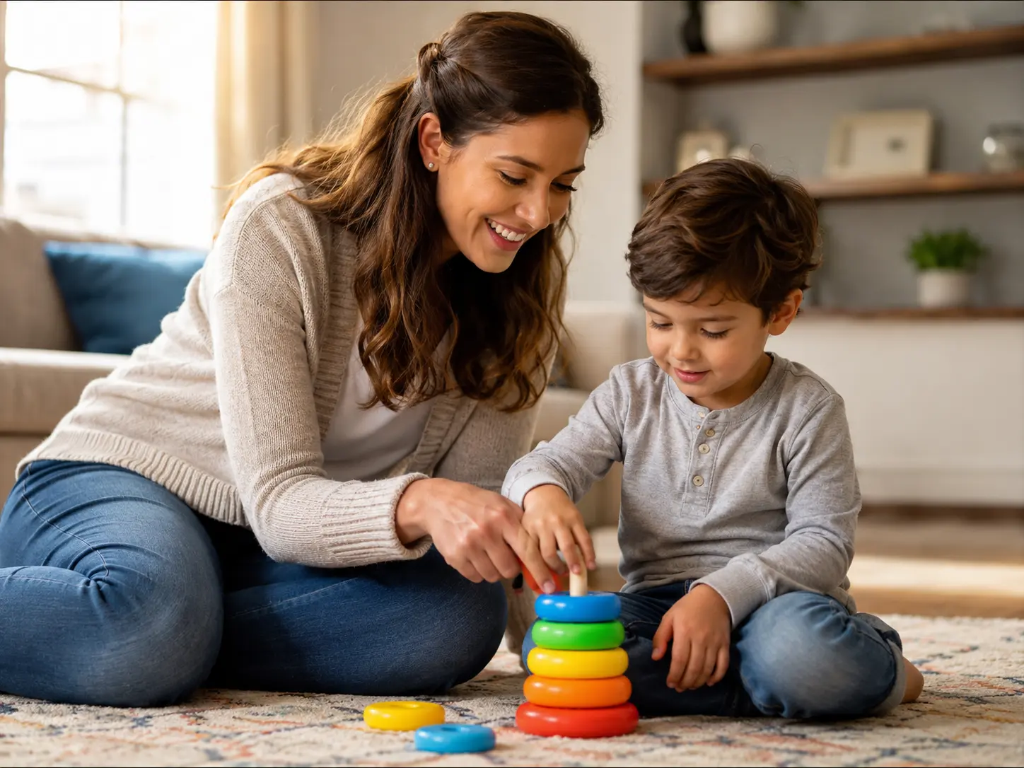 Certified ABA therapist working one-on-one with a child during an in-home therapy session in Scarborough