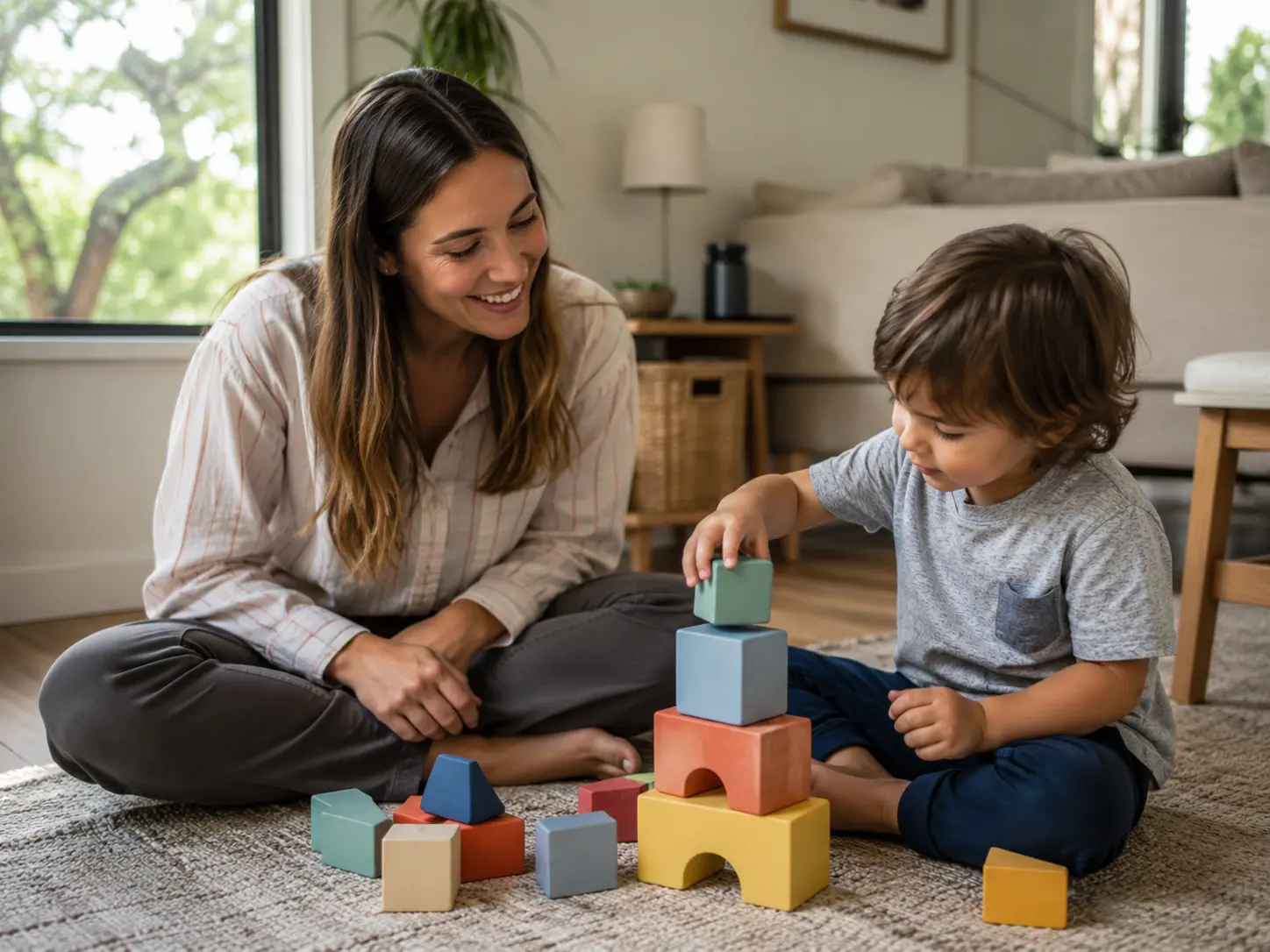 Certified ABA therapist working one-on-one with a child during an in-home therapy session in Vancouver