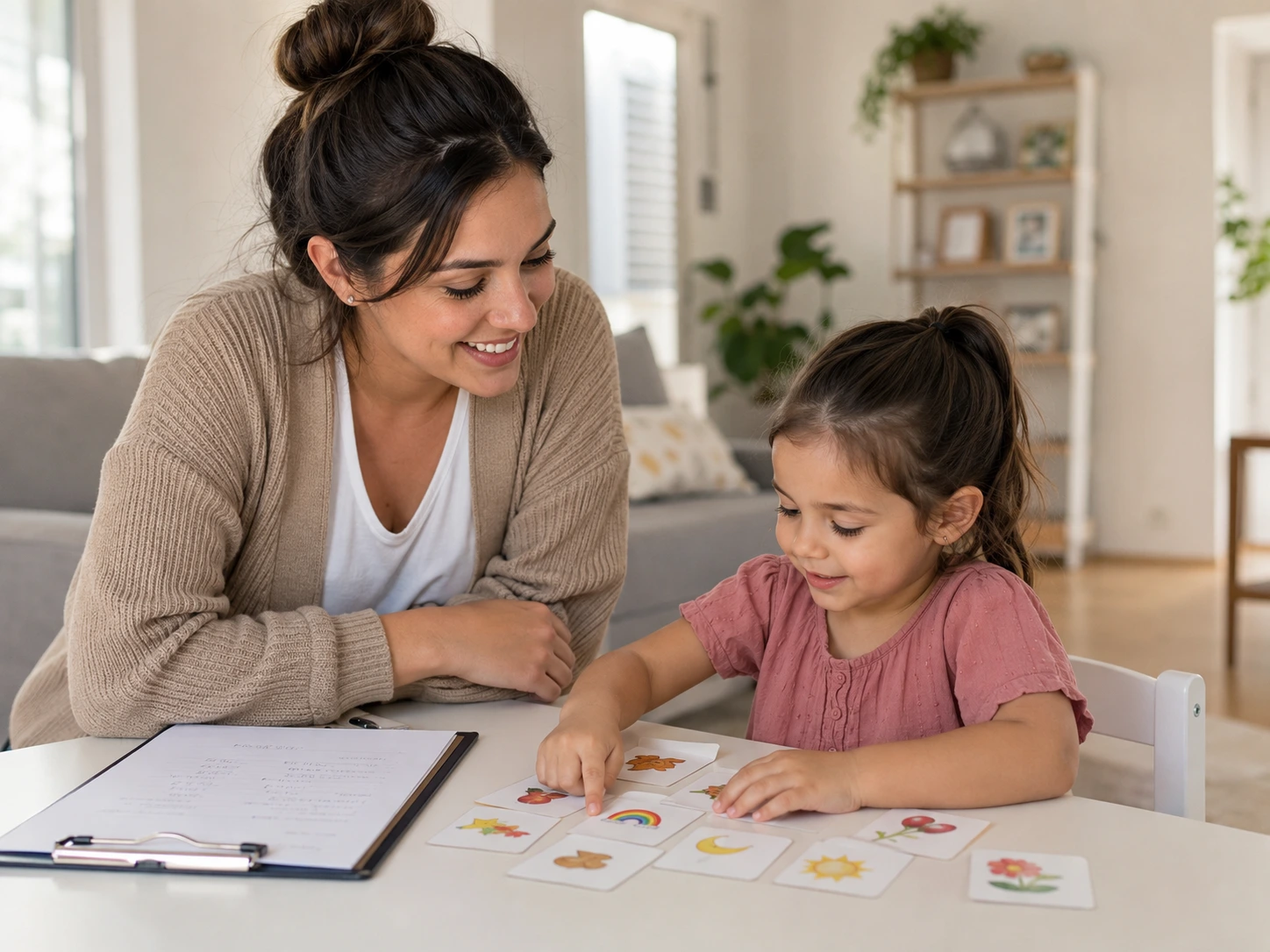 Certified ABA therapist working one-on-one with a child during an in-home therapy session in Waterloo