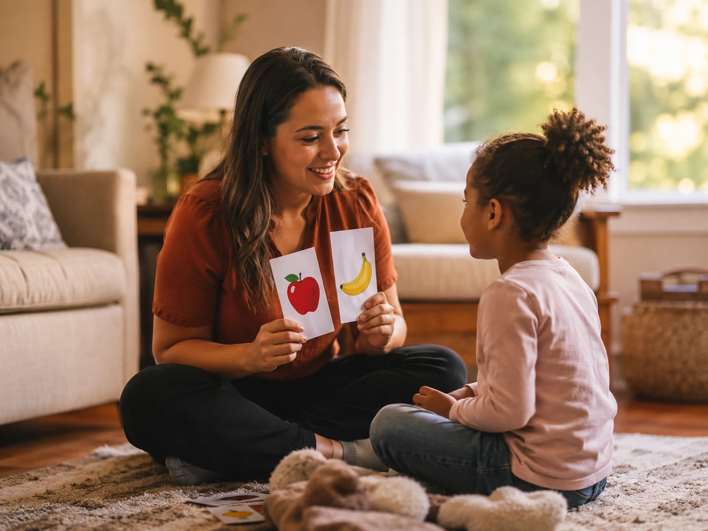 Certified ABA therapist working one-on-one with a child during an in-home therapy session in Windsor