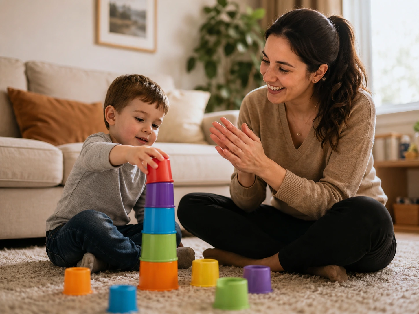 Certified ABA therapist working one-on-one with a child during an in-home therapy session in Winnipeg