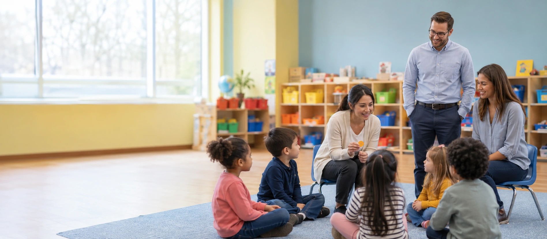 BCBA and certified ABA therapist collaborating during a daycare group session