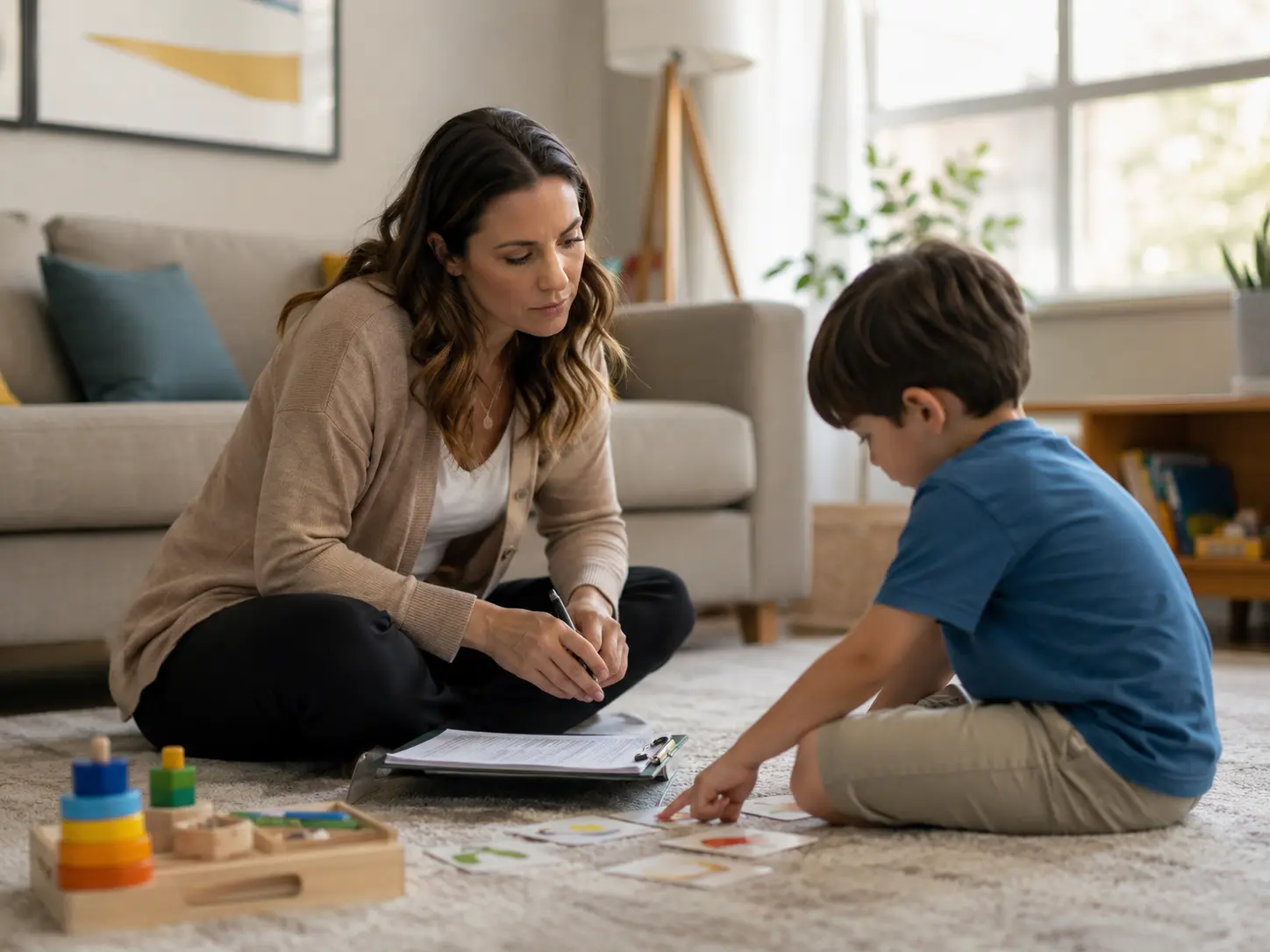 Certified BCBA conducting a structured assessment activity with a child at home