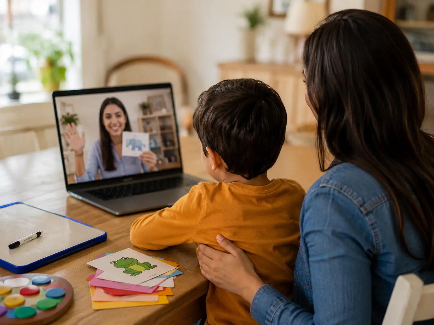 Child and parent participating in a live virtual ABA therapy session at home