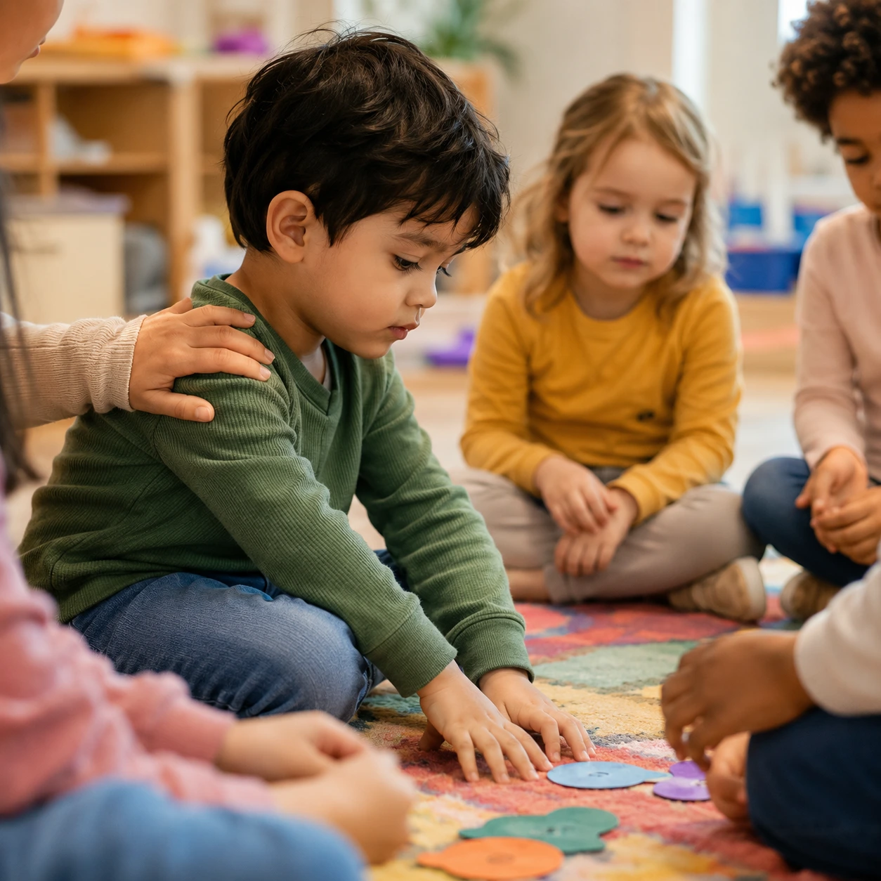 Children participating in group circle time with ABA support at daycare