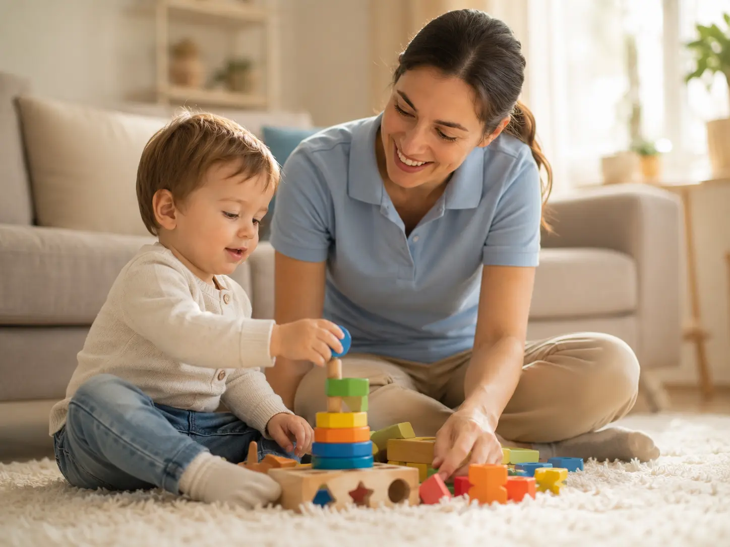 Early intervention therapist engaging a toddler in play-based ABA activity at home