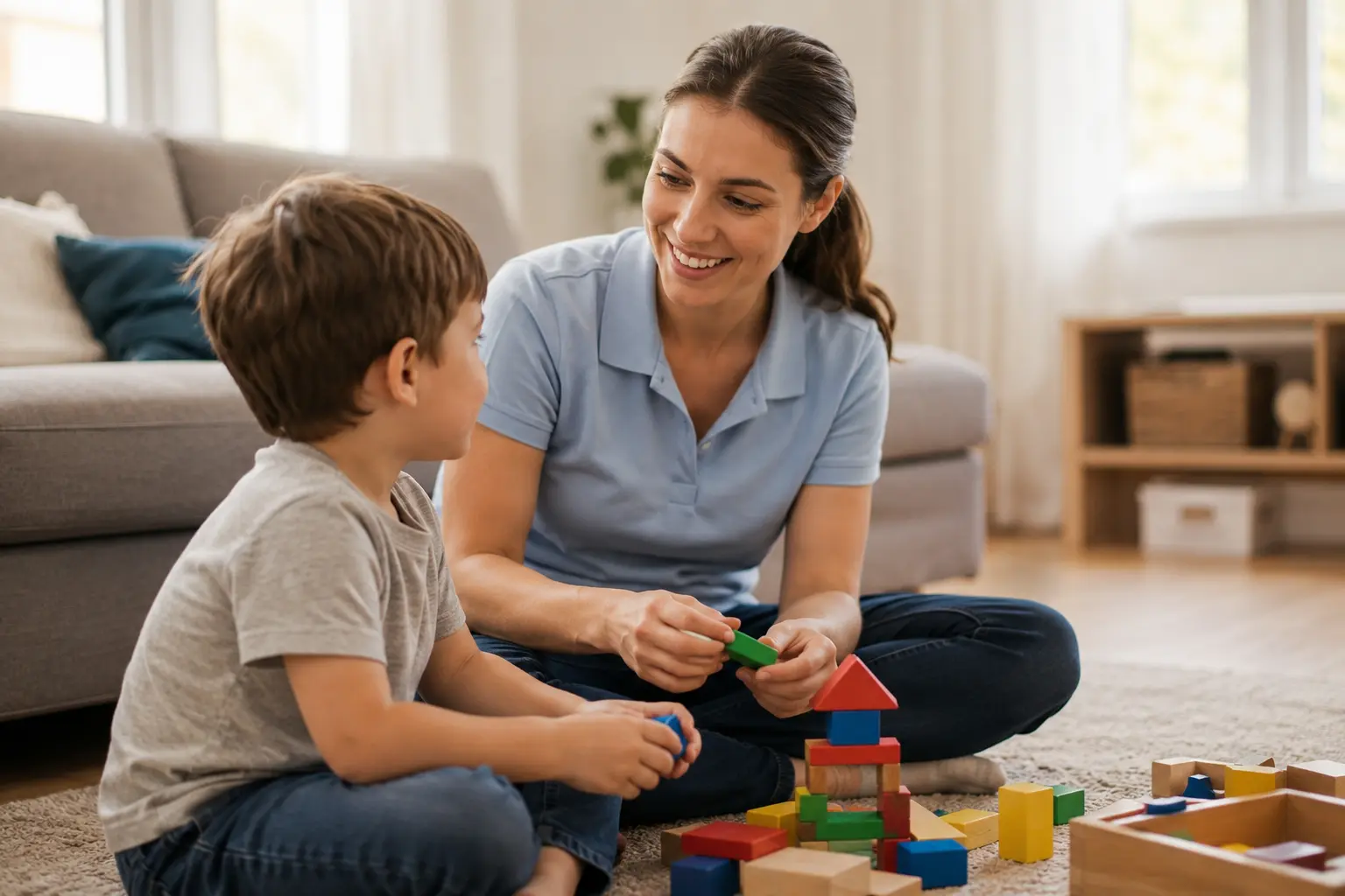 ABA therapist working one-on-one with a child during an in-home therapy session