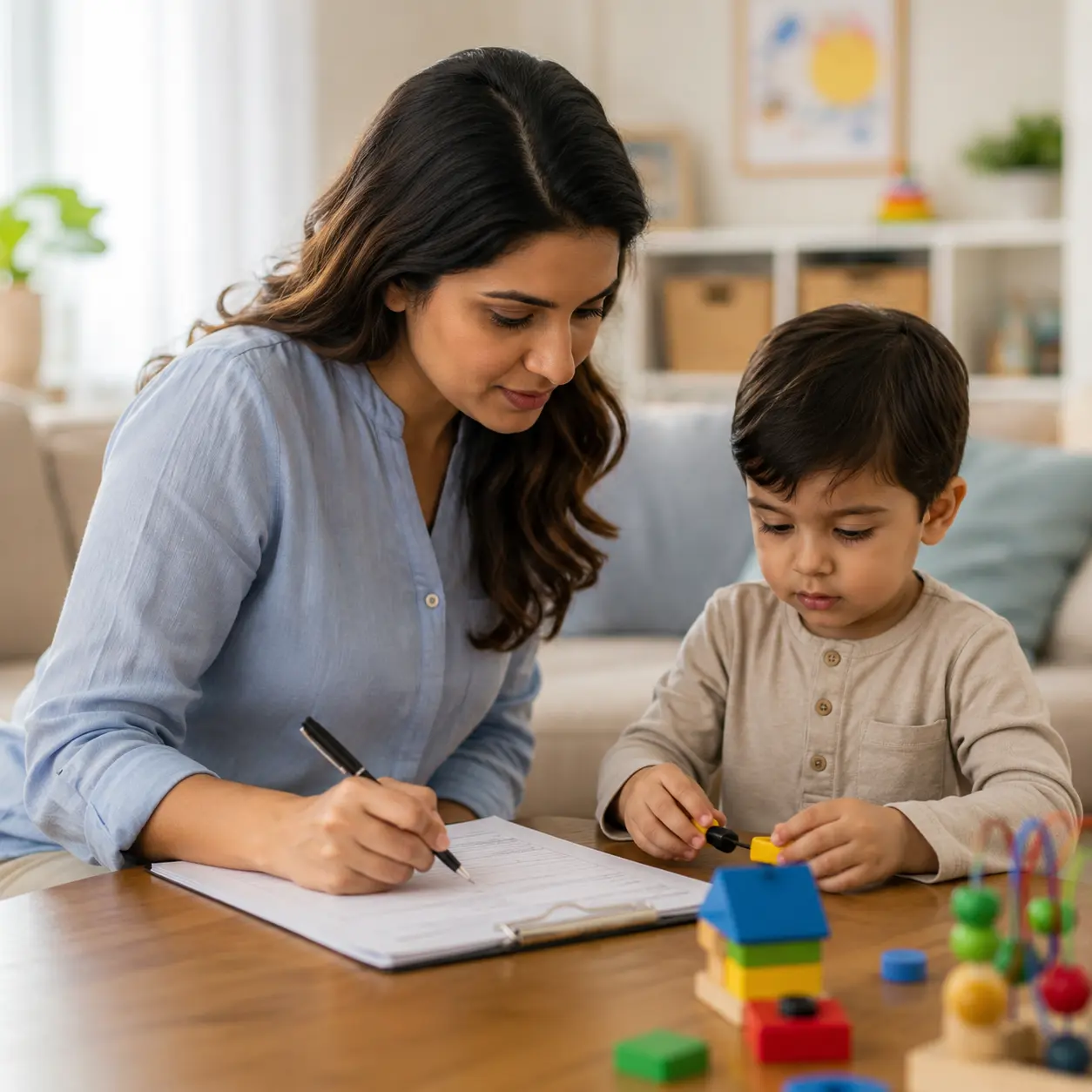 Parent participating in a caregiver interview during their child's assessment