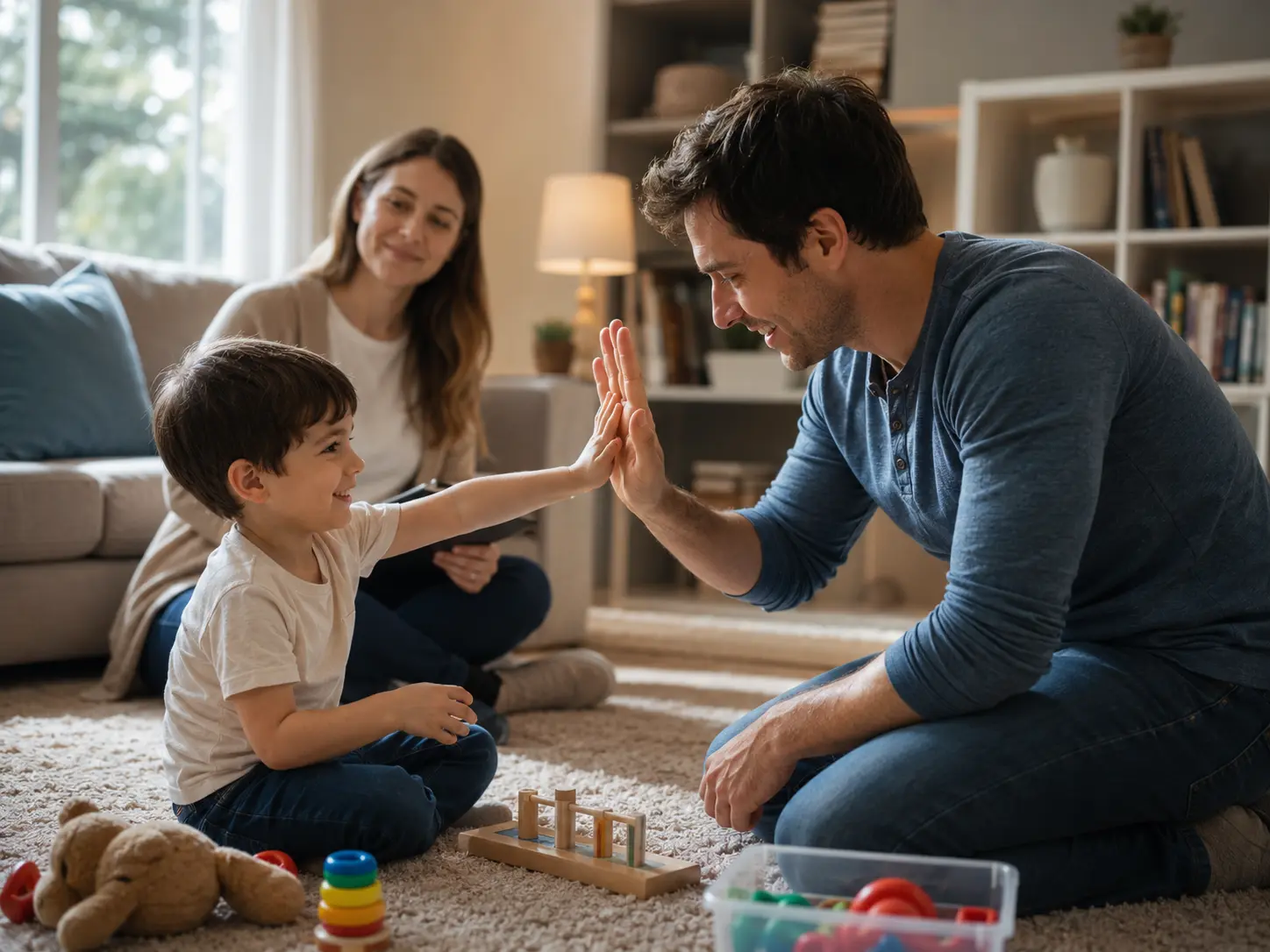 Parent practicing an ABA technique with their child while a BCBA offers guidance