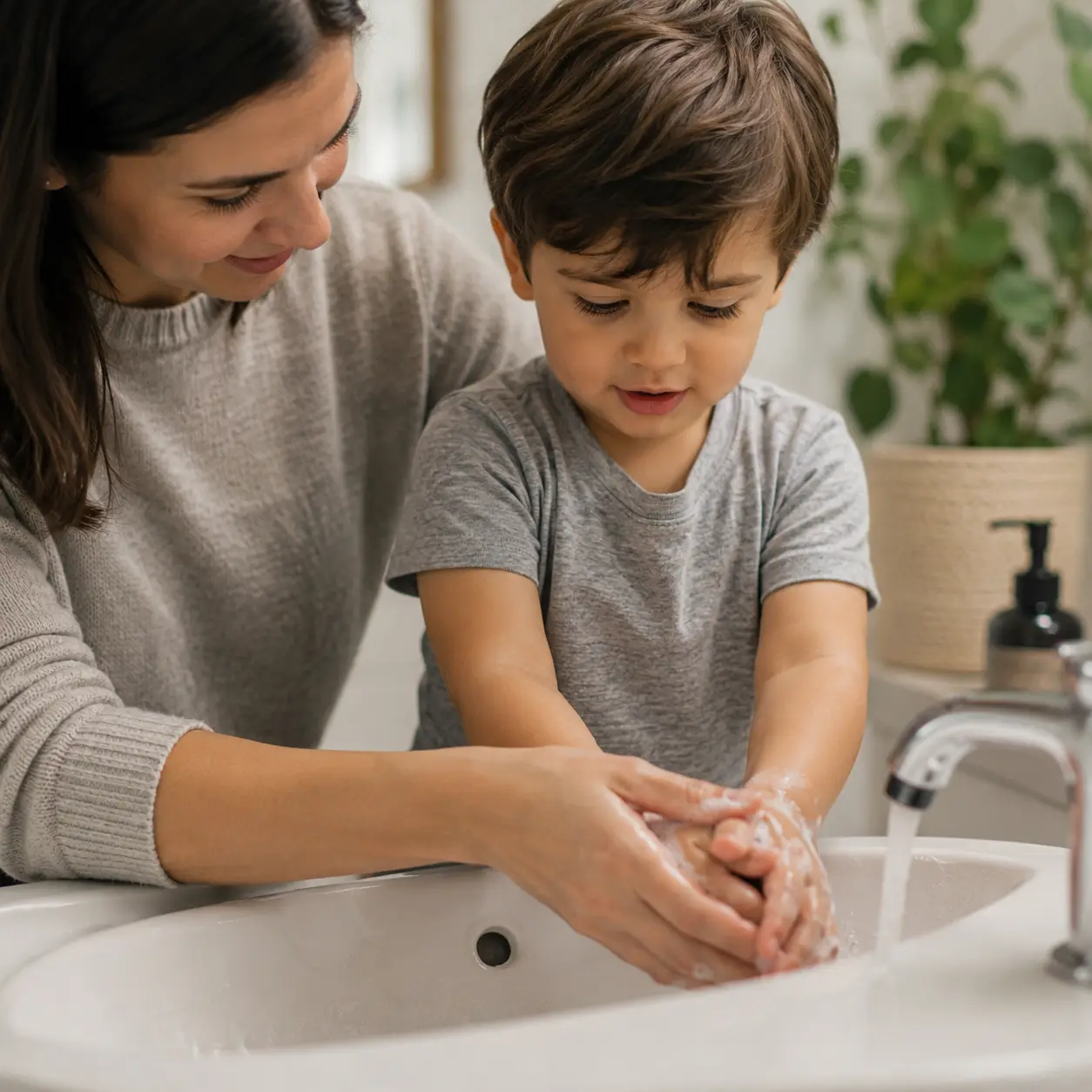 Parent helping a child practice a daily living skill using ABA techniques at home