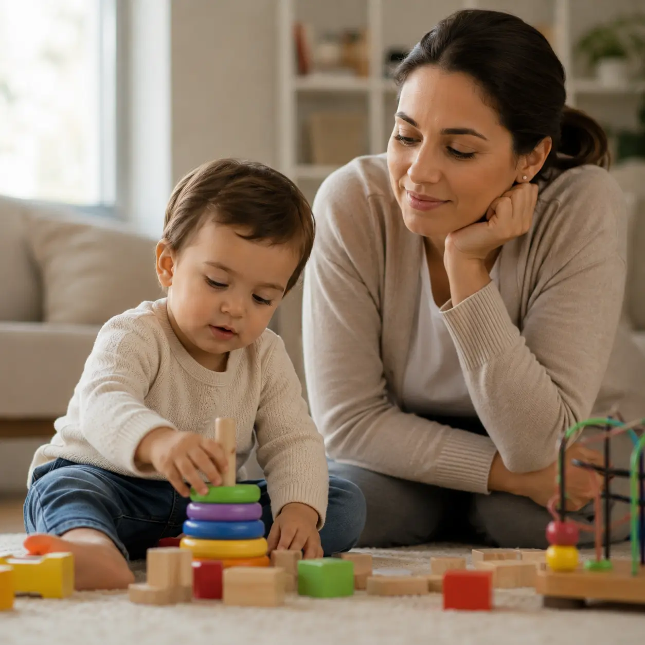 Parent attentively observing their toddler's play and development