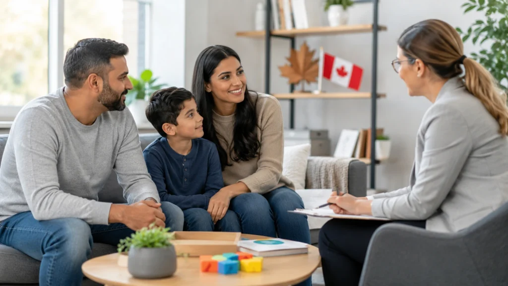 Canadian family discussing autism disability support and services with a healthcare professional in a consultation setting.