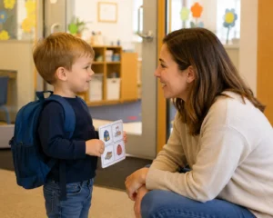 "Parent and autistic child using a visual schedule card during a calm daycare drop-off"