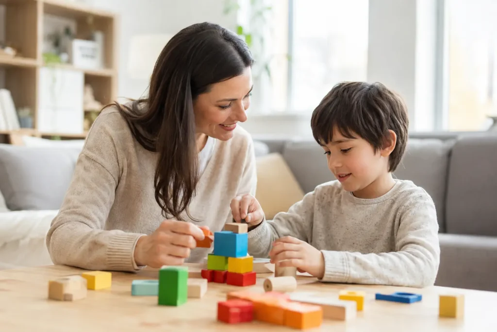 Parent and child engaged in a positive learning activity at home, demonstrating supportive communication, patience, and family-centered behavior support.