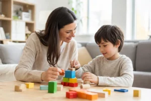 Parent and child engaged in a positive learning activity at home, demonstrating supportive communication, patience, and family-centered behavior support.