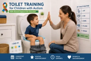 Child practicing toilet training with an adult using visual supports, an ABA-based routine, and positive reinforcement.