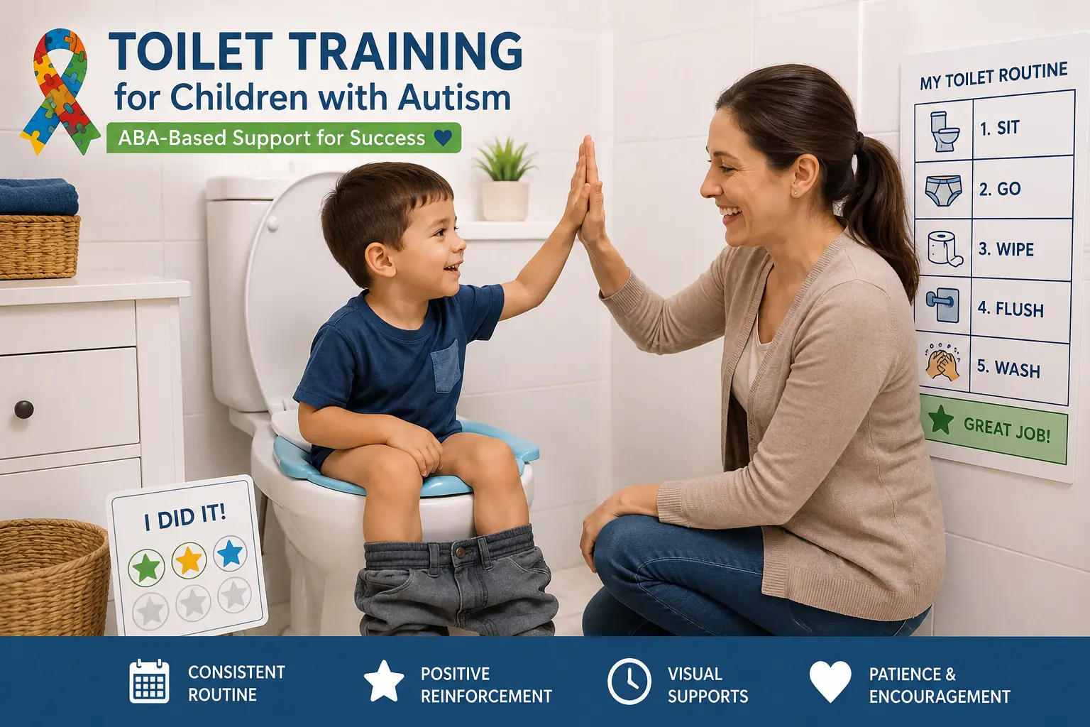 Child practicing toilet training with an adult using visual supports, an ABA-based routine, and positive reinforcement.