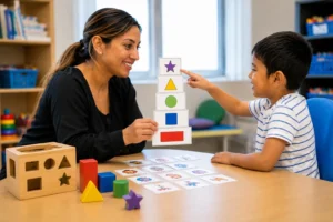 Skill acquisition Child learning new skills during an ABA therapy session with guidance from a therapist using structured teaching and positive reinforcement.