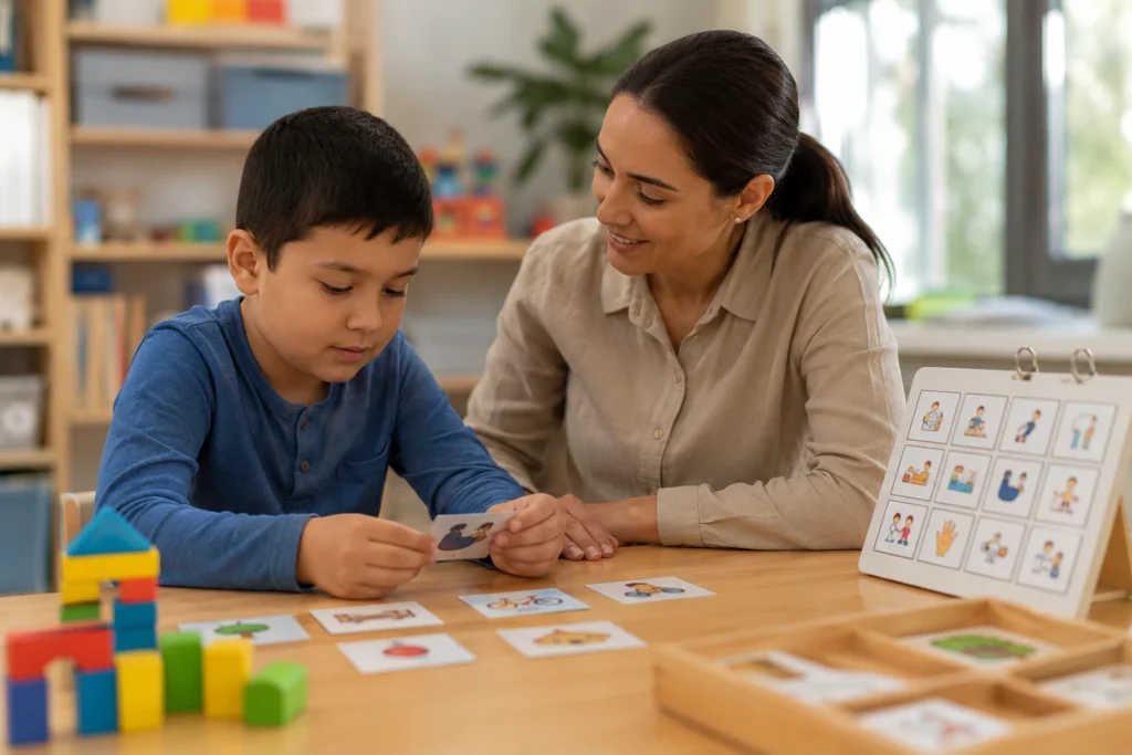 Child receiving support for Level 2 autism during a structured therapy activity