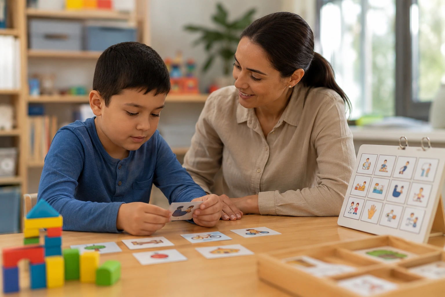 Child receiving support for Level 2 autism during a structured therapy activity