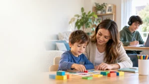 Young child completing a learning activity with a supportive therapist at home, representing autism development, changing support needs, and growing independence with age.