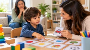 Four-year-old child using picture cards to communicate with a therapist during a play-based session at home.