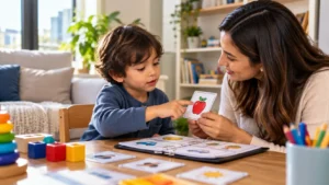 Young autistic child using picture communication cards with a therapist during a play-based learning activity at home.